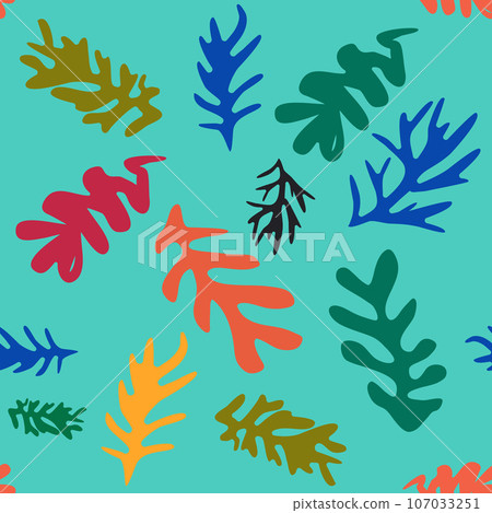 Blue Matisse floral pattern, crooked leaves and red flowers. Blue Matisse floral pattern, crooked leaves and red flowers. 107033251