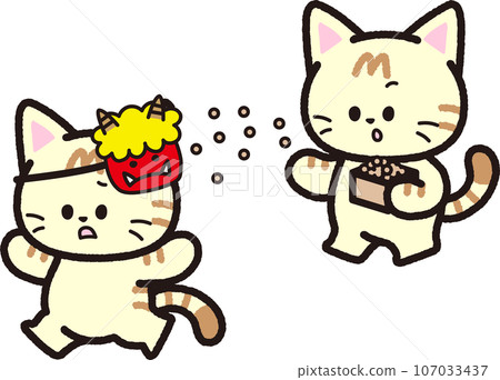 A brown tabby cat throws beans towards the demon mask during Setsubun. 107033437