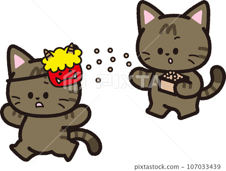 A pheasant cat throws beans towards the demon mask during Setsubun. A pheasant cat throws beans towards the demon mask during Setsubun. 107033439