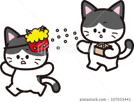A black hachiware cat throws beans towards the demon mask during Setsubun. 107033441