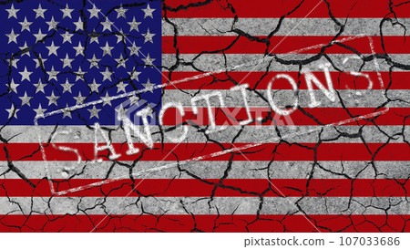 White inscription SANCTIONS on the background of the US flag and cracks 107033686