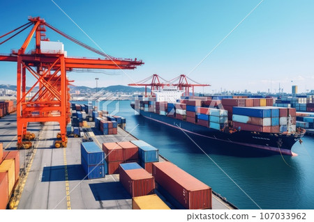 A busy seaport with cargo ships being loaded and unloaded. 107033962