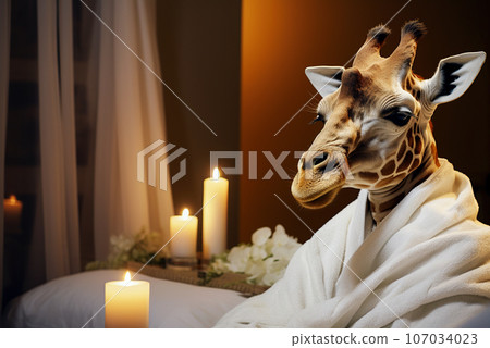 Giraffe in a bathrobe relaxes in the spa. Giraffe in a bathrobe relaxes in the spa. 107034023