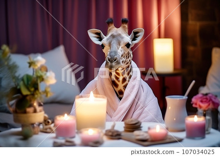 Giraffe in a bathrobe relaxes in the spa. Giraffe in a bathrobe relaxes in the spa. 107034025