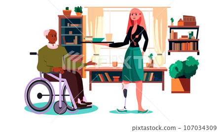 disabled woman with replaced robotic leg gies food to senior man in wheelchair people with disabilities concept 107034309