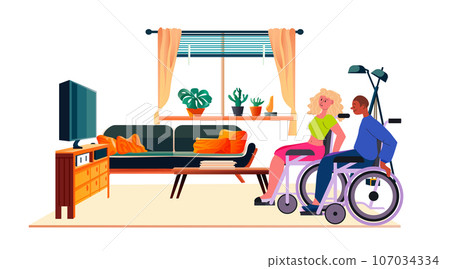 disabled man woman in wheelchairs watching tv people with disabilities rehabilitation concept modern living room interior 107034334