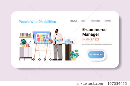 disabled man e-commerce manager with replaced robotic arm analyzing data on computer monitor people with disabilities concept disabled man e-commerce manager with replaced robotic arm analyzing data on computer monitor people with disabilities concept 107034433