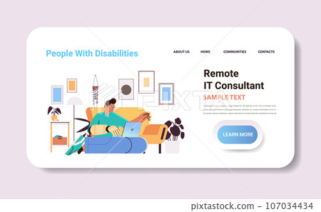 disabled man remote it consultant with replaced robotic arm working on laptop consulting client customer service people with disabilities disabled man remote it consultant with replaced robotic arm working on laptop consulting client customer service people with disabilities 107034434