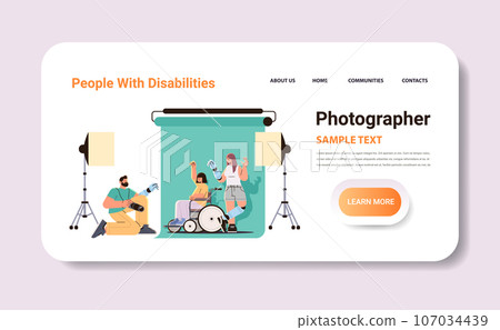 disabled man photographer doing photo of models with replaced robotic body parts in photo studio people with disabilities concept 107034439