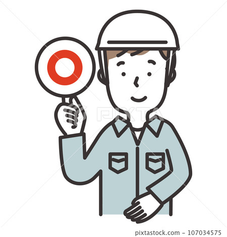 Illustration of a man in work clothes wearing a helmet holding out a circle tag 107034575