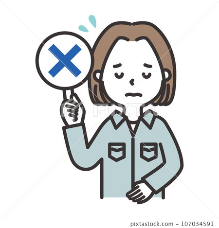 Illustration of a woman in work clothes holding a cross tag Illustration of a woman in work clothes holding a cross tag 107034591