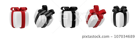 Set of realistic 3d gifts box. Holiday decoration presents. Festive gift surprise. Decor Isolated boxes. Vector illustration 107034689