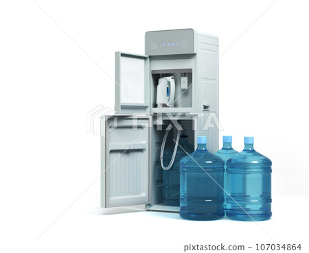 Modrn open water cooler machine with whater bottels perspective view 3d render on white Modrn open water cooler machine with whater bottels perspective view 3d render on white 107034864
