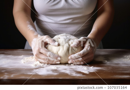 Female hands making dough. Hands kneading bread dough on a cutting board. Female hands making dough. Hands kneading bread dough on a cutting board. 107035164