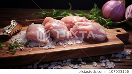 Fresh chicken fillet. Raw chicken poultry meat lies on a wooden cutting board. Fresh chicken fillet. Raw chicken poultry meat lies on a wooden cutting board. 107035166