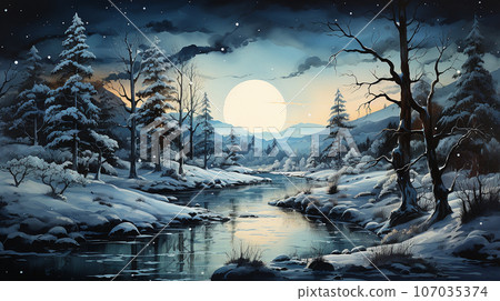 Watercolor forest by night, ai generated 107035374