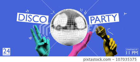 80s disco party. Banner design in collage style with halftone effect elements. And lettering with glitter. Vector trendy illustration 80s disco party. Banner design in collage style with halftone effect elements. And lettering with glitter. Vector trendy illustration 107035375
