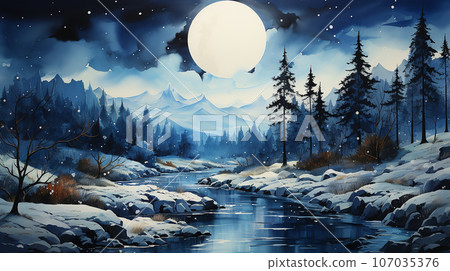 Watercolor forest by night, ai generated Watercolor forest by night, ai generated 107035376