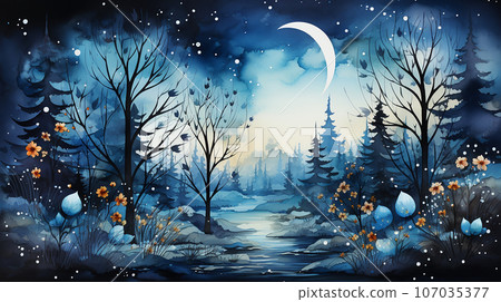 Watercolor forest by night, ai generated Watercolor forest by night, ai generated 107035377
