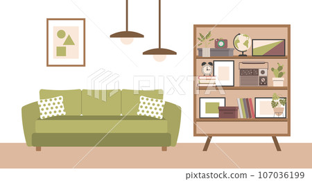 Living room with sofa, home plants on the bedside table, window, bookshelf and paintings on the wall. Flat interior in minimal style, vector Living room with sofa, home plants on the bedside table, window, bookshelf and paintings on the wall. Flat interior in minimal style, vector 107036199
