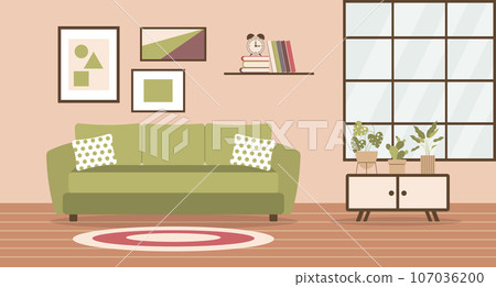 Living room with sofa, home plants on the bedside table, window, bookshelf and paintings on the wall. Flat interior in minimal style, vector 107036200