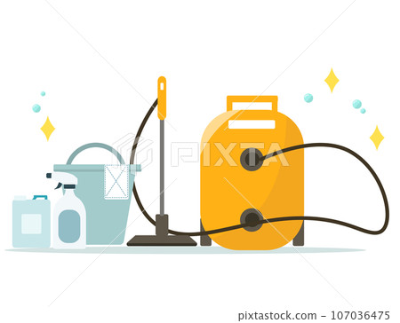 cleaning set. Cleaning, vacuum cleaner, bucket, rag, towel, spray. vector illustration 107036475