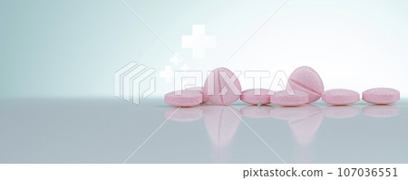 Pink tablets pills on white background. Health and medical care concept. Pharmacy banner. Prescription drug. Pharmaceutical industry. Medical center banner. Vitamins, minerals and supplements concept. Pink tablets pills on white background. Health and medical care concept. Pharmacy banner. Prescription drug. Pharmaceutical industry. Medical center banner. Vitamins, minerals and supplements concept. 107036551
