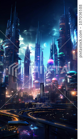 Cyberpunk Retro Futuristic City with Neon Lights 107036588