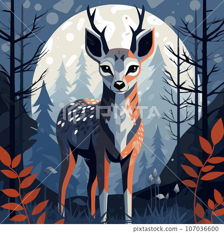 Deer standing in a serene autumn forest, under the full moon. Full body illustration of a young stag it its natural habitat at night Deer standing in a serene autumn forest, under the full moon. Full body illustration of a young stag it its natural habitat at night 107036600