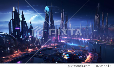 Cyberpunk Retro Futuristic City with Neon Lights 107036618