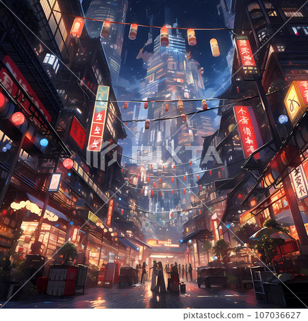 Cyberpunk Retro Futuristic City with Neon Lights 107036627