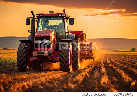Agricultural Workers Ploughing a Field with Tractors at Sunset.. created with Generative AI Agricultural Workers Ploughing a Field with Tractors at Sunset.. created with Generative AI 107036643