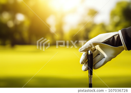 Close-Up of Gloved Hand Holding Golf Club Outdoors Against Lush Green Field with Copy Space. created with Generative AI Close-Up of Gloved Hand Holding Golf Club Outdoors Against Lush Green Field with Copy Space. created with Generative AI 107036726