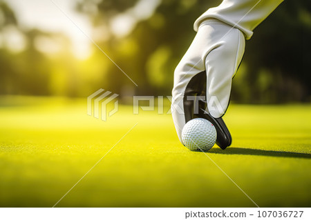 Close-Up of Gloved Hand Holding Golf Club Outdoors Against Lush Green Field with Copy Space. created with Generative AI Close-Up of Gloved Hand Holding Golf Club Outdoors Against Lush Green Field with Copy Space. created with Generative AI 107036727