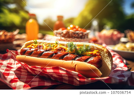 Delicious Grilled Hot Dogs Mustard, Ketchup, and Relish on a Picnic Napkin. created with Generative AI 107036754