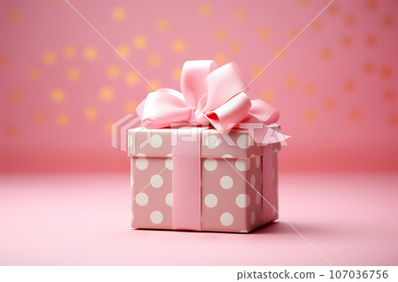 Romantic Pink Polka Dot Gift Box Bow-Adorned Present on a Pale Pink Background. created with Generative AI Romantic Pink Polka Dot Gift Box Bow-Adorned Present on a Pale Pink Background. created with Generative AI 107036756
