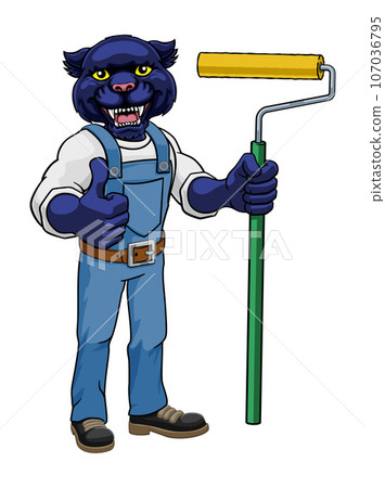 Panther Painter Decorator Paint Roller Mascot Man 107036795