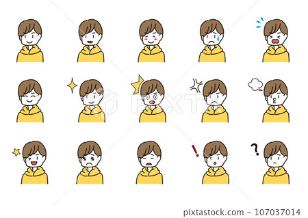 Reaction set of male facial expressions, casual clothes, yellow 107037014