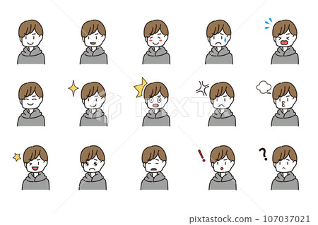 Reaction set of male facial expressions, casual clothes, gray 107037021