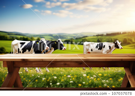 Empty Wooden Table Surrounded by Cows on a Green Meadow. Ideal for Product Display or Montage. created with Generative AI 107037078