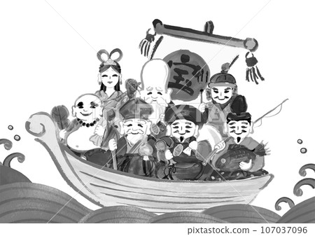 Hand-drawn Japanese-style illustration of the Seven Lucky Gods on a treasure ship 107037096
