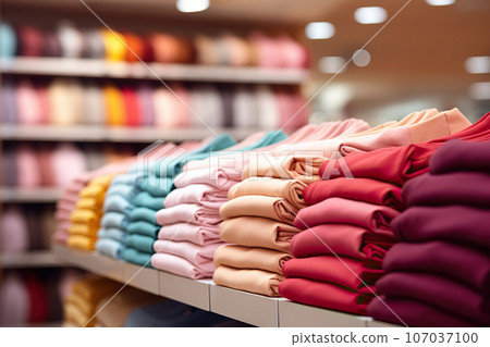 Multicolored Clothes on Hangers Fill the Shelves, Perfect for Sale Background Themes and Fashion Enthusiasts. created with Generative AI 107037100
