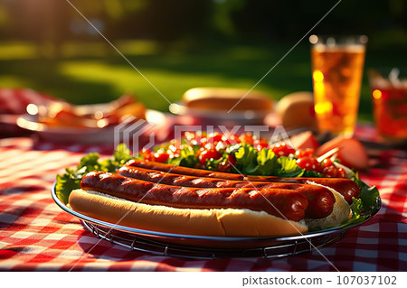 Savory Delights Grilled Hot Dogs with Mustard, Ketchup, and Relish Resting on a Picnic Napkin. created with Generative AI 107037102