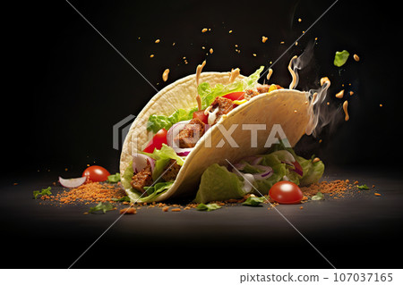 Sizzling Taco Delight Fresh Hot Taco with Flying Ingredients on Isolated Black Background, Ready to Serve and Eat. created with Generative AI Sizzling Taco Delight Fresh Hot Taco with Flying Ingredients on Isolated Black Background, Ready to Serve and Eat. created with Generative AI 107037165