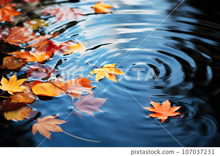 Reflections of Autumn Colorful Fall Leaves Drifting in Pond Lake Water, Creating a Tranquil Fall Foliage Scene. created with Generative AI 107037231