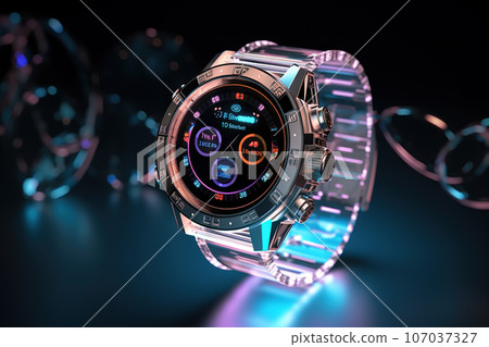 Cutting-Edge Smart Wearable Watch Showcasing Hologram Biometrics and Health Apps Expansive Banner Highlighting Screen Applications. created with Generative AI 107037327