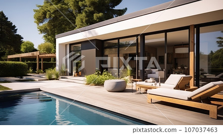 Tranquil Luxury Modern Villa with Open Plan Living, Private Chair Wing, and Serene Terrace for Ultimate Relaxation. created with Generative AI Tranquil Luxury Modern Villa with Open Plan Living, Private Chair Wing, and Serene Terrace for Ultimate Relaxation. created with Generative AI 107037463