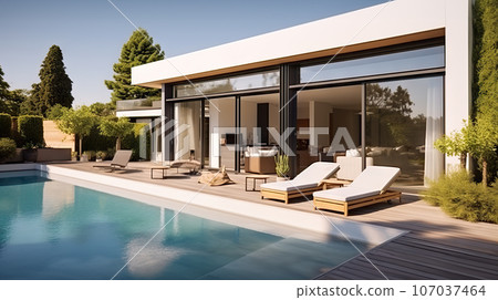 Tranquil Luxury Modern Villa with Open Plan Living, Private Chair Wing, and Serene Terrace for Ultimate Relaxation. created with Generative AI Tranquil Luxury Modern Villa with Open Plan Living, Private Chair Wing, and Serene Terrace for Ultimate Relaxation. created with Generative AI 107037464