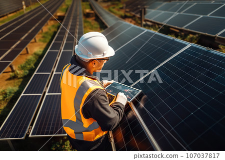 Innovating Sustainability Engineer in Uniform Uses Tablet to Control Solar Cell Farm for Clean Energy Generation. created with Generative AI 107037817