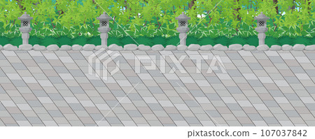 Landscape of approach to the shrine, lanterns, and forest_side-scrolling game background_seamless 107037842